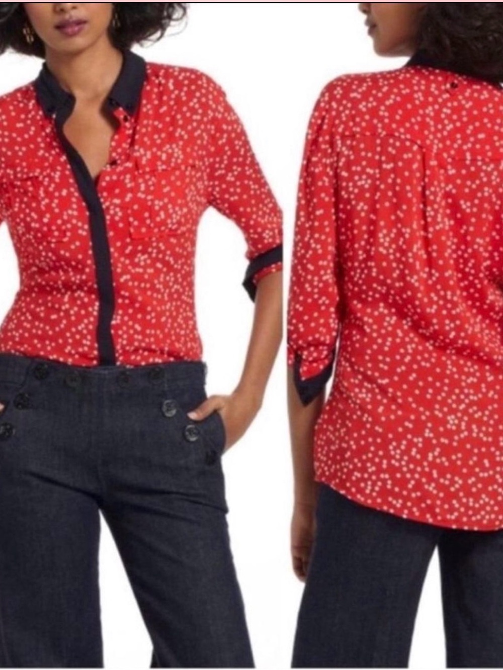 Maeve Anthropologie Red Dot-Print Button-Up Blouse with Contrast Trim